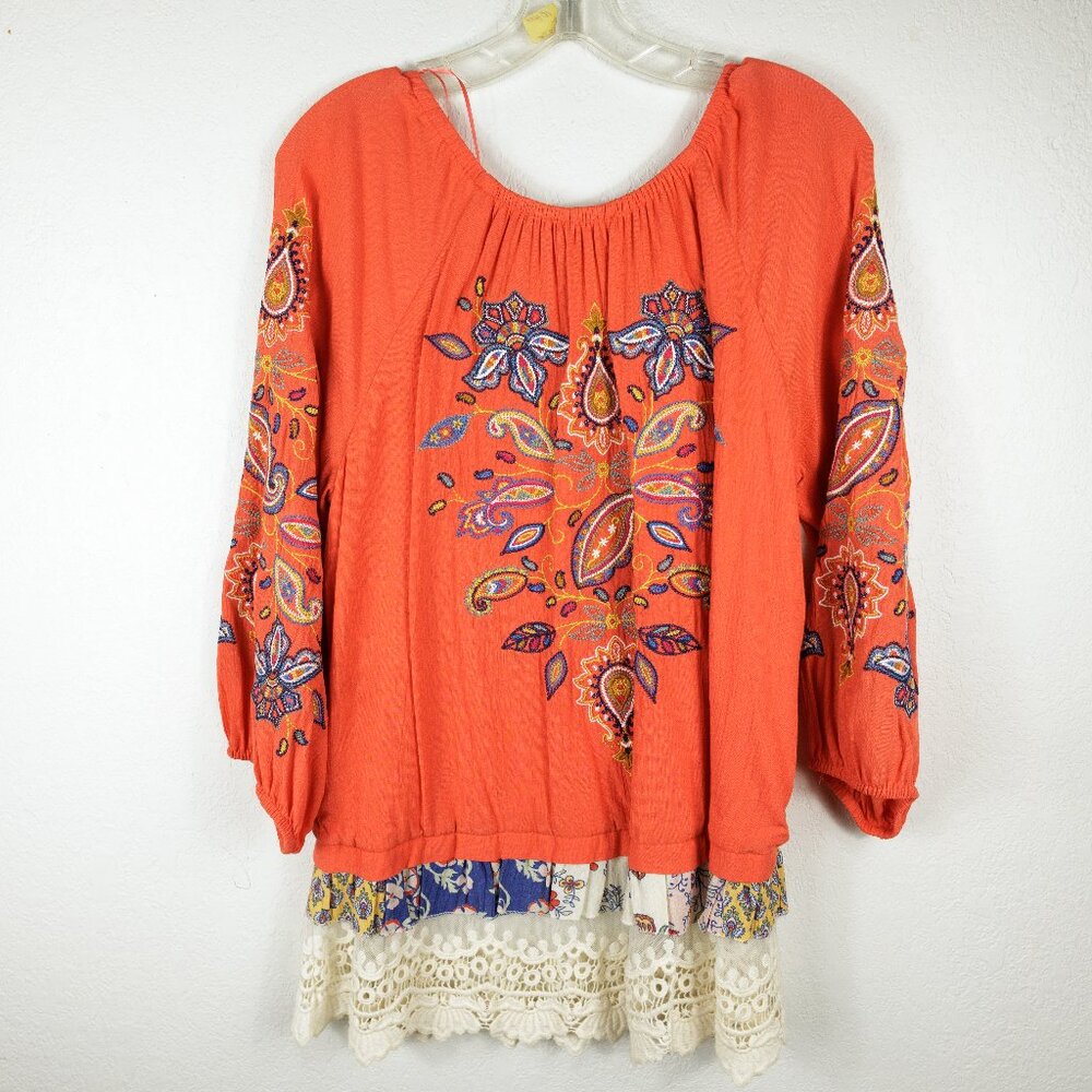 John Mark Women’s Boho Tunic Top Small Coral Orange Floral Embroidered Blouse